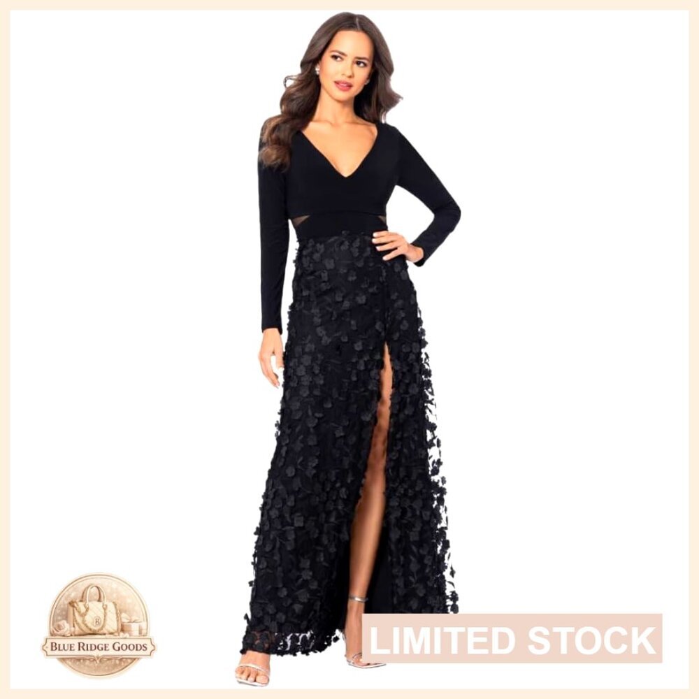 Elegant Formal Gown Long Sleeve V-Neck Floral Skirted Floor Length Sophisticated